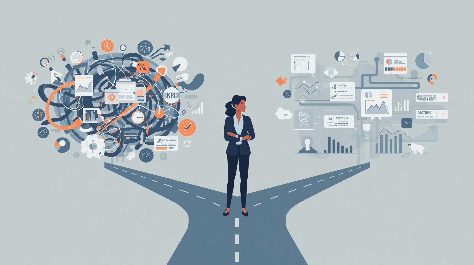 Woman at a crossroads between complex data and organized analytics.